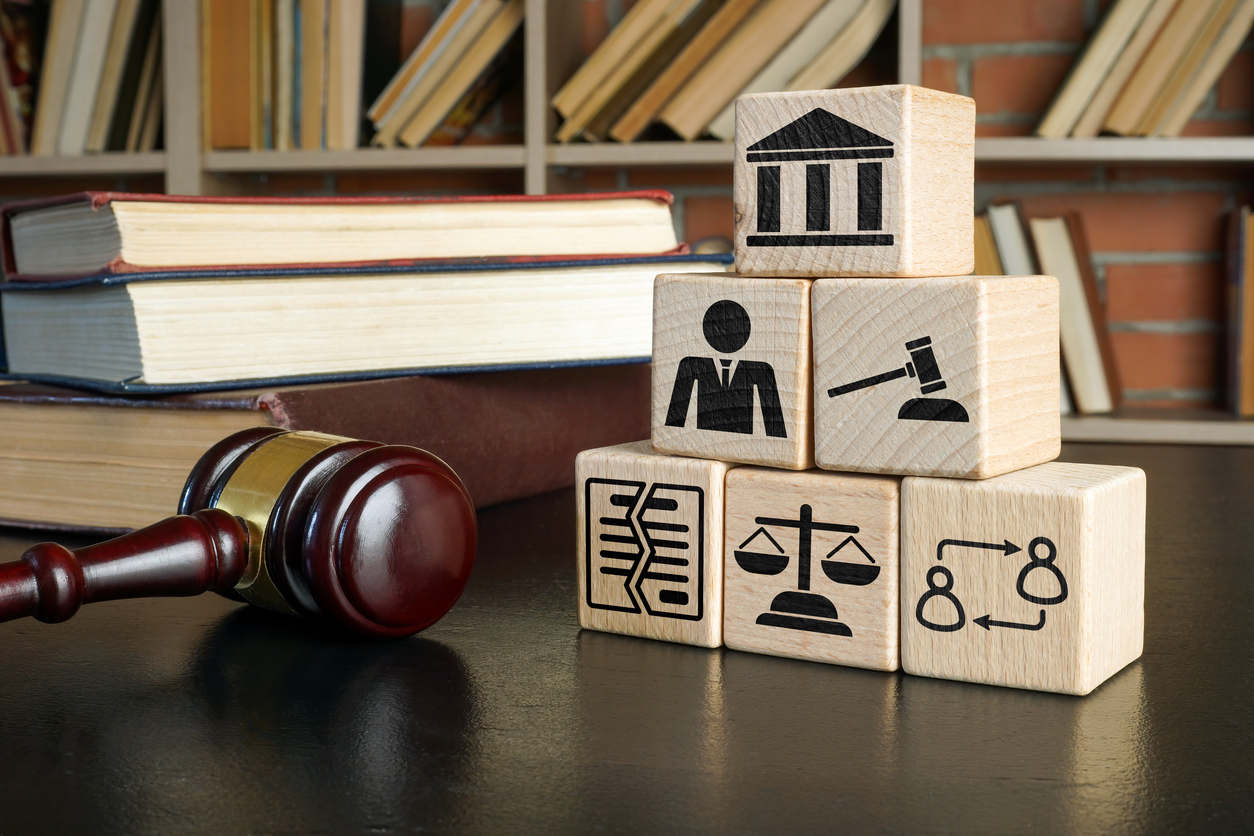 Building blocks representing the stages in a Michigan business litigation case.